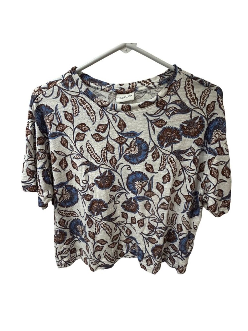 Rachel Zoe Floral Linen Cropped Top Shirt - Size M Blue Brown